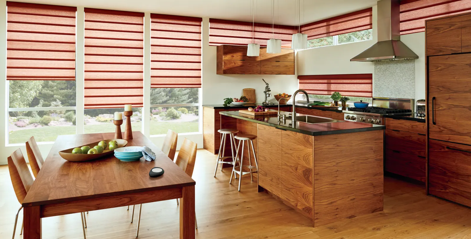 Motorized shades over a kitchen island window