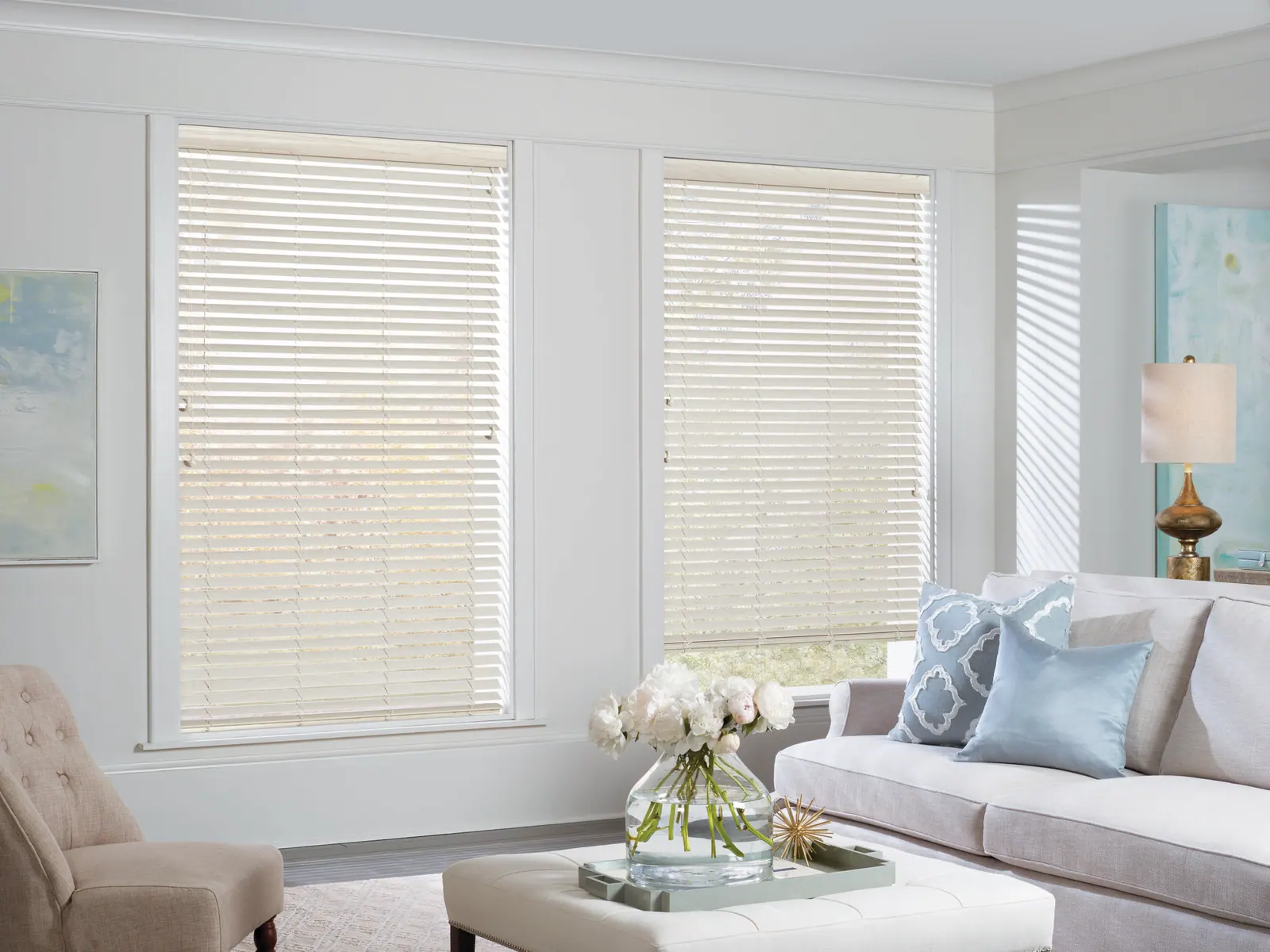 Faux wood blinds on a bypass track covering a patio door