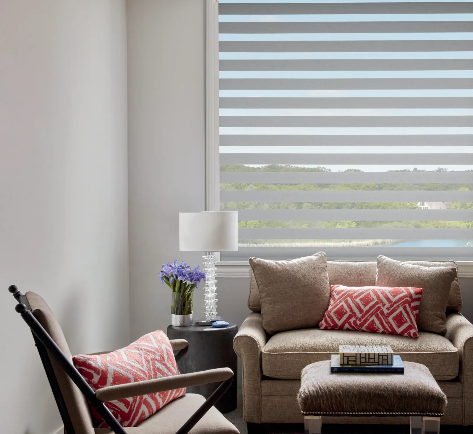 Banded dual shades with alternating sheer and solid stripes