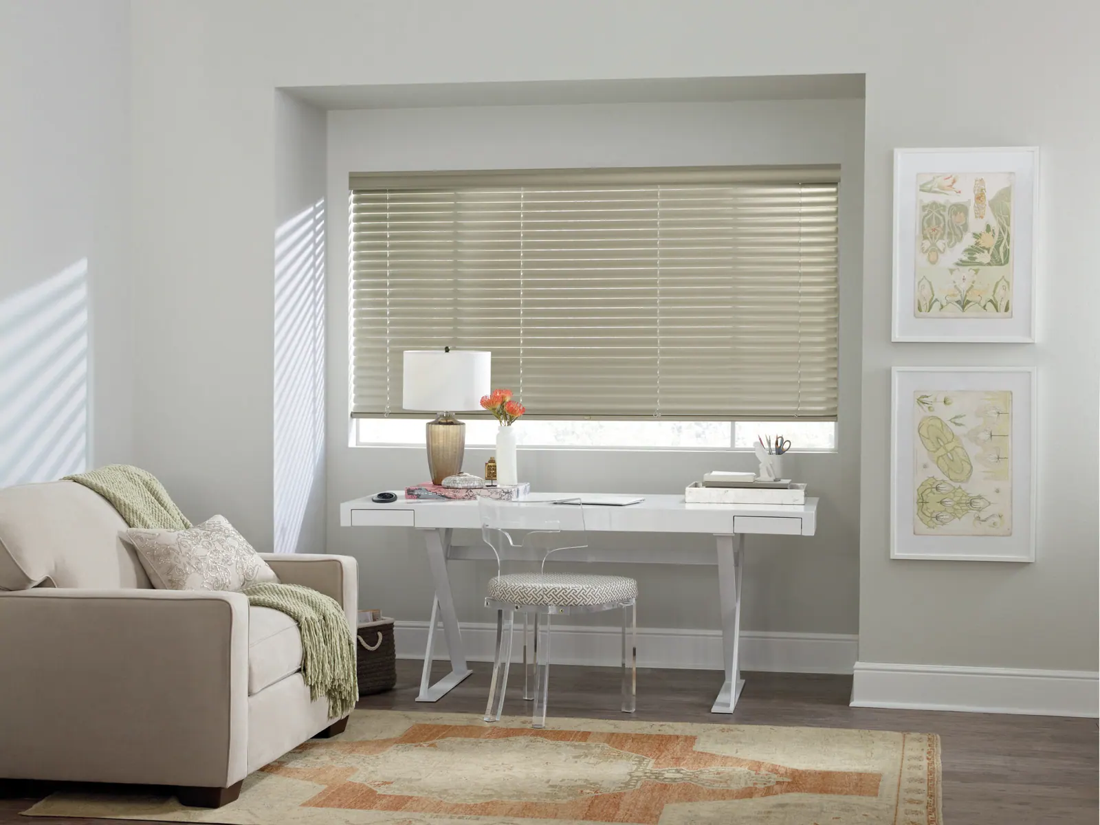 Aluminum mini blinds in a home office