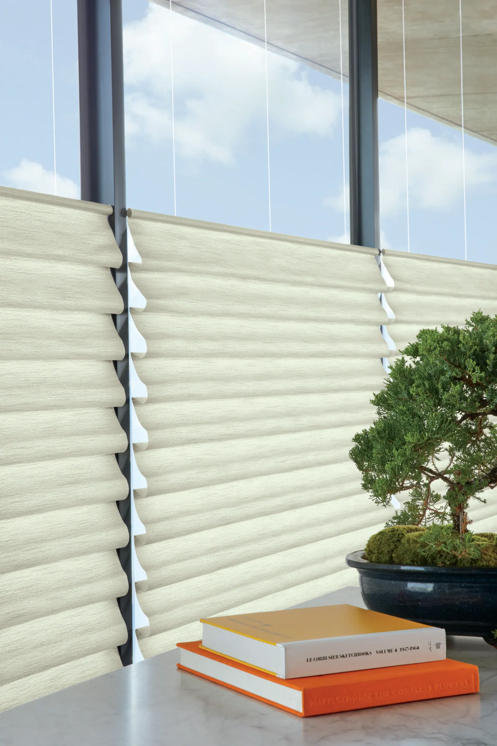 Top-down bottom-up Roman shades showing cascade folds