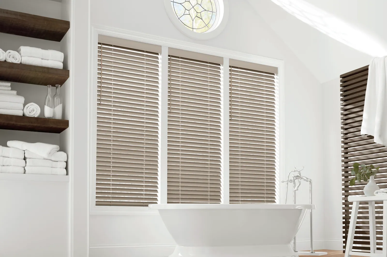 Textured faux wood blinds in a bathroom