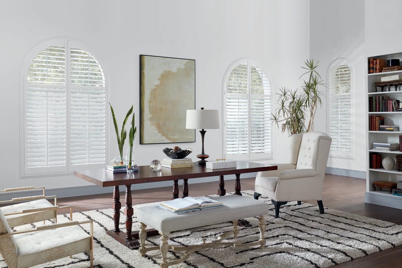 Arch-top composite shutters in a home library