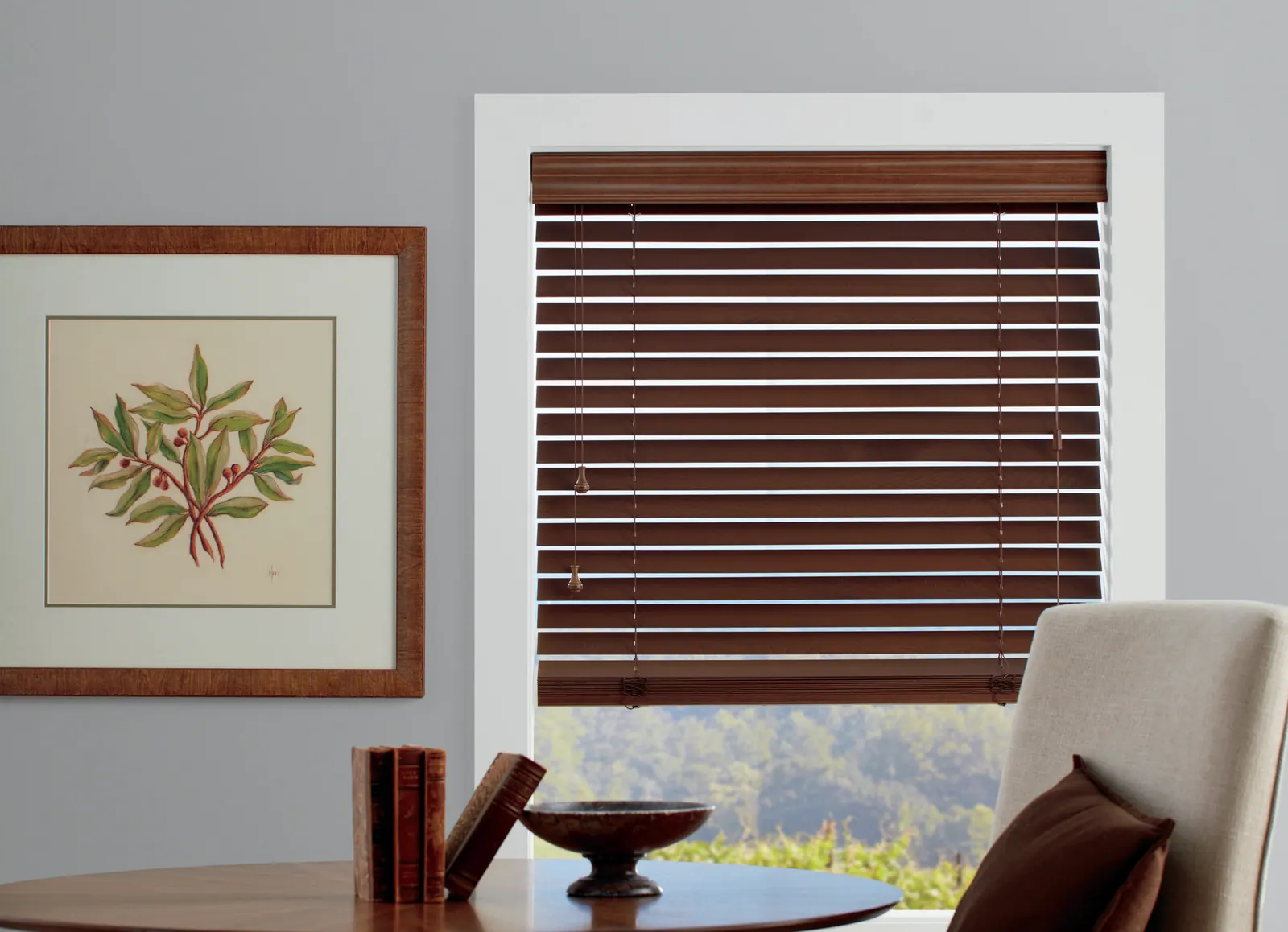 Detail of wood blind slats and cord lock hardware