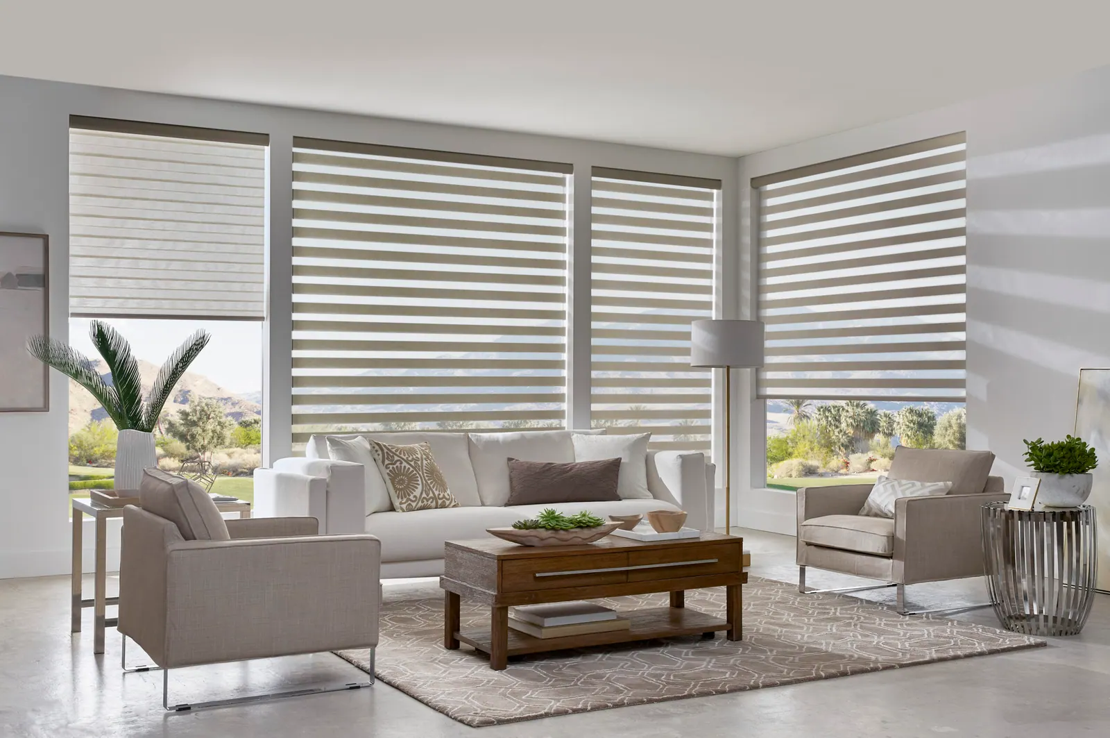 Motorized dual shades across a wide living room window