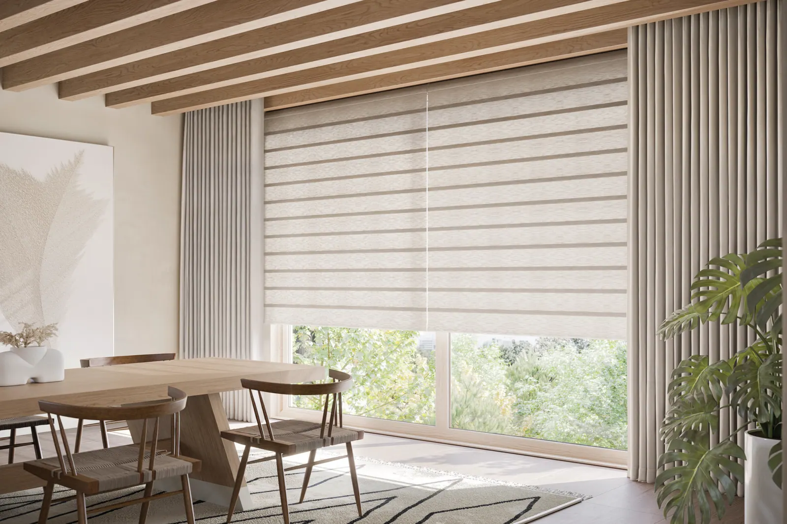 Roman shades over a dining room window